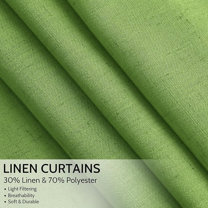 Nanspring Lime Green Linen Blend Light Filtering Back Tab Curtains 102 Inches Long, Semi Sheer Privacy Drapes for Living Room & Bedroom, 52x102 inch, 2 Panels