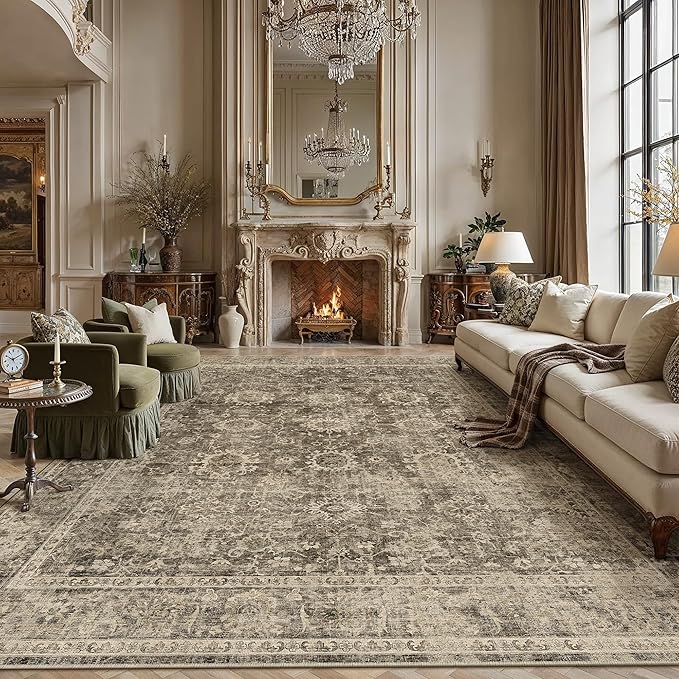 10x14 Brown Vintage Area Rug for Living Room Bedroom Large Distressed Rustic Carpet Non-Slip Low Pile Soft Washable Throw Rug for Indoor Dining Room