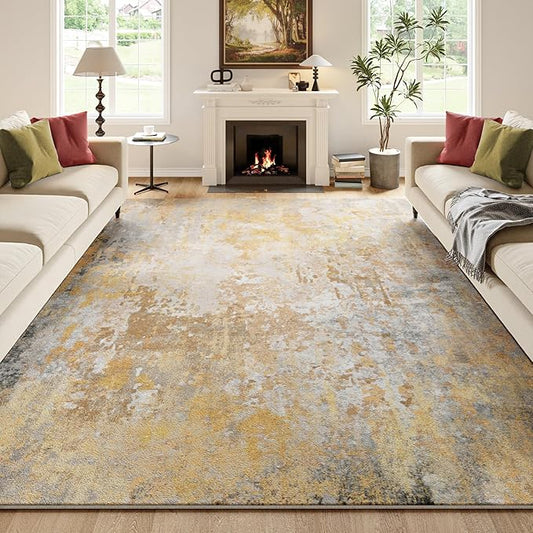 Beige Gold Washable Rug 6x9 Area Rugs for Living Room Bedroom Carpet, Indoor Vintage Abstract Boho Large Rug Non Slip Faux Wool Rugs for Dorm, Dining Room Table, Nursery, Kids Playroom