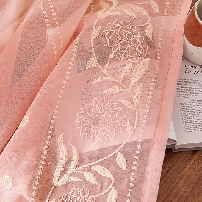 jinchan Winslow Sheer Curtains 96 Inch for Bedroom Living Room Embroidered Bordered Floral Nursery Curtains for Girls Room Light Filtering, Beige on Pink, 2 Panels, 50W x 96L