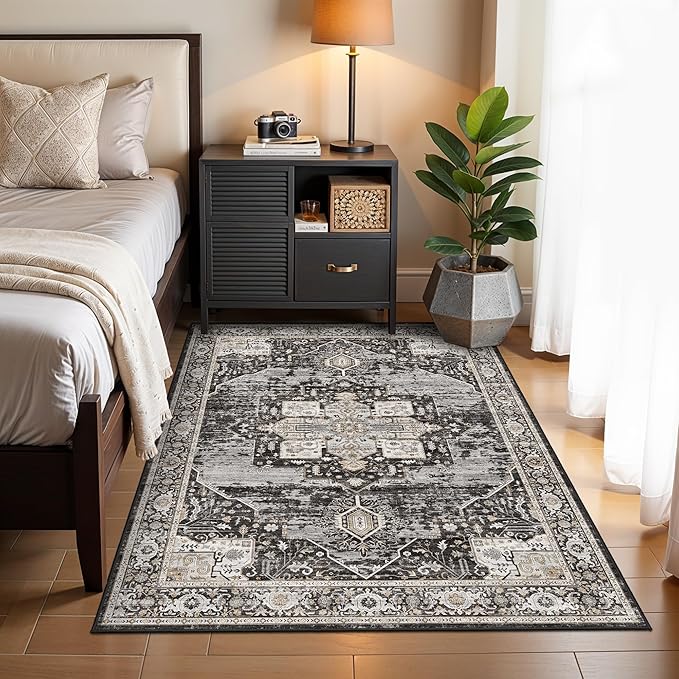 RUUGME 5x6 Washable Non Slip Area Rugs, Boho Low Pile Soft Carpets for Living Room Bedroom Dining Room - Ultra Thin Vintage Indoor Floor Decor Mat Ideal for Small Spaces 5x6 Black