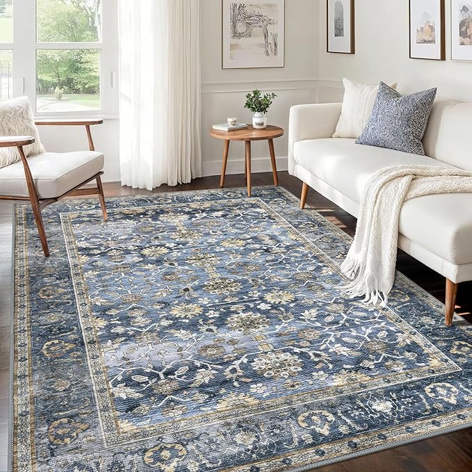 KUTA Vintage 5x7 Area Rugs Blue Grey Beige, Washable Rugs for Living Room Ultra Thin Soft Non-Slip Printed Distressed Tribal Traditional Farmhouse Carpet for Bedroom Dining Room Dorm Office Home