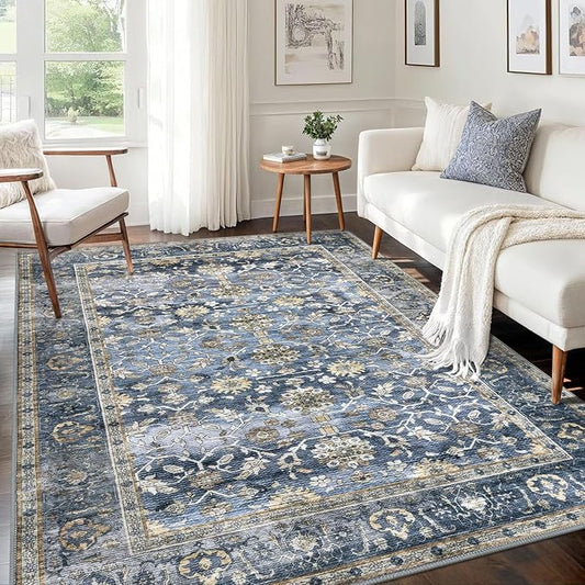 KUTA Vintage 5x7 Area Rugs Blue Grey Beige, Washable Rugs for Living Room Ultra Thin Soft Non-Slip Printed Distressed Tribal Traditional Farmhouse Carpet for Bedroom Dining Room Dorm Office Home