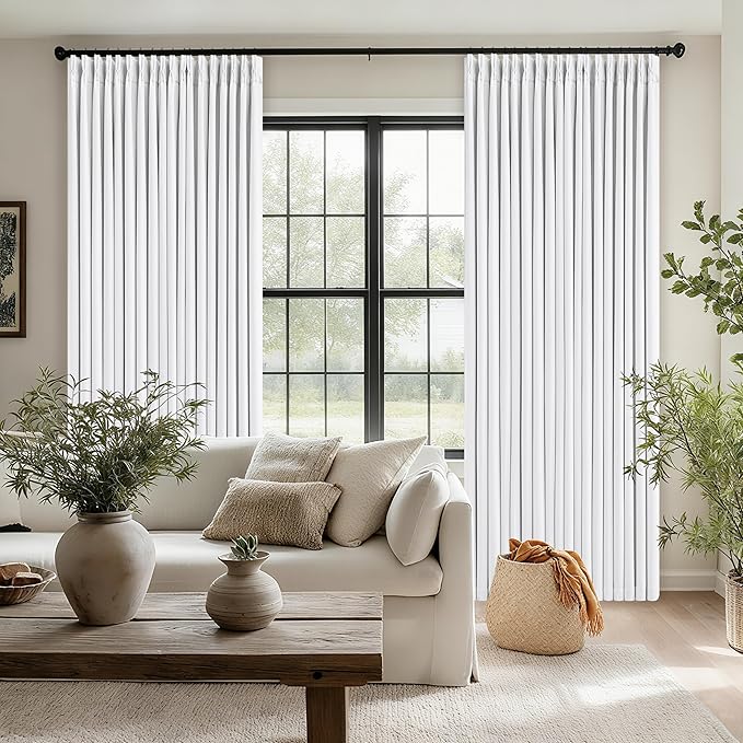 Snow White Pinch Pleated Blackout Linen Curtains 86 Inches Long for Bedroom Pleated 100% Black Out Drapes with Liner Modern Farmhouse Extra Long 86 Inch Window Curtain Panel for Living Dining Room