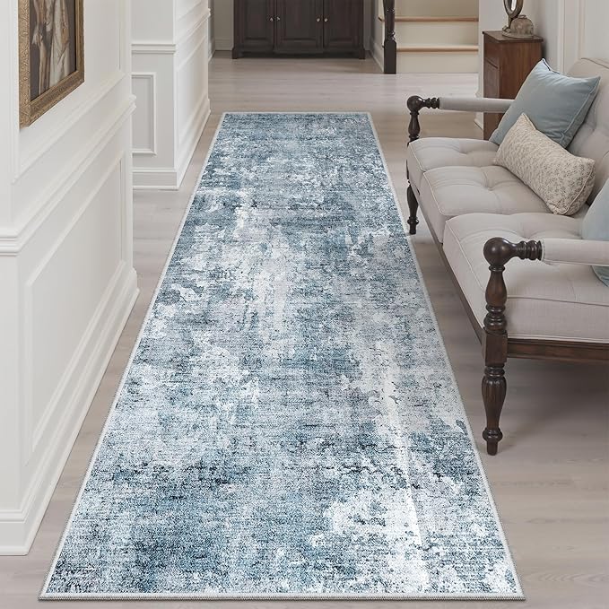 Soalmost Runner Rug 3x8 Washable Non-Slip Hallway Runner Rugs for Kitchen Bathroom Laundry Room Blue/Grey Vintage Floor Carpet Runners for Hallways Entryway