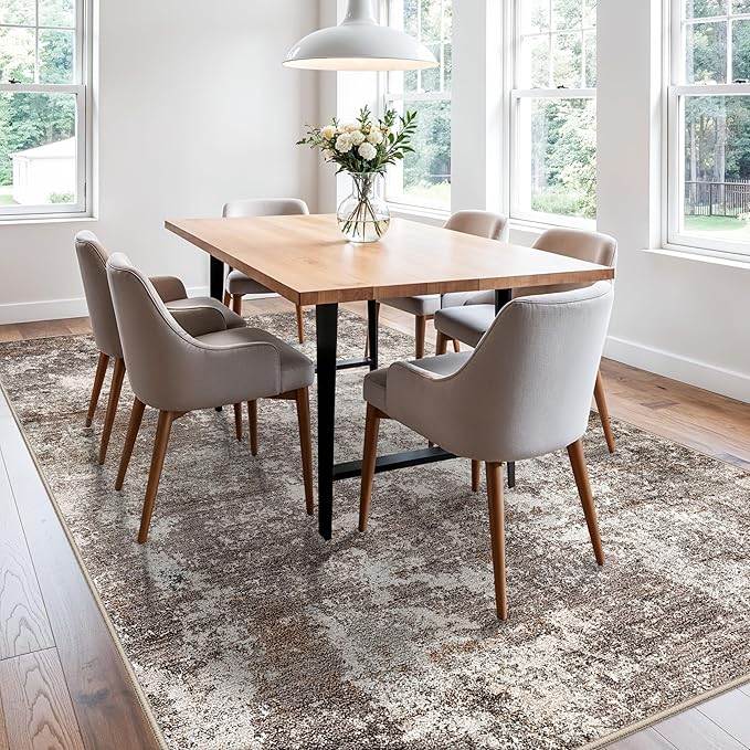 Area Rugs for Living Room: 6x9 Washable Neutral Abstract Rug for Bedroom Large Soft Modern Dining Room Rugs Indoor Floor Low Pile Carpet for Home Office (Brown Beige,6x9)