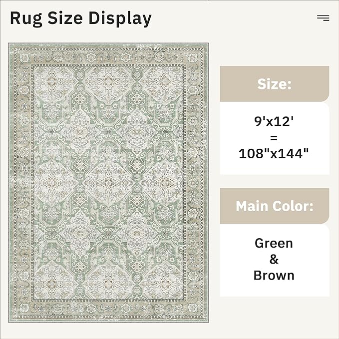 Soalmost 9x12 Area Rugs for Living Room, Non Slip Machine Washable Vintage Rugs, Low Pile Lightweight Large Rug for Bedroom, Dining Room, Home Office Green/Brown