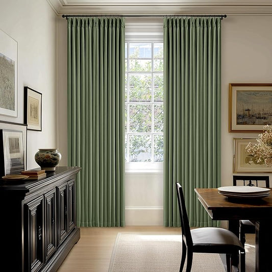 80 Inch Olive Green Linen Blackout Curtains for Living Room 100% Black Out Pinch Pleat Hooks for Living Room Back Tab Thick Linen Textured Pleated Drapes Light Blocking Loden Bedroom Window Curtains