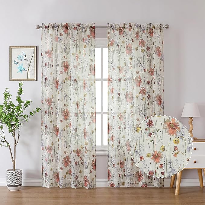 OWENIE Crushed Sheer Curtains 90 Inch Length 2 Panels Set, Sheer Floral Curtains Printed Drapes on Sheers for Living Room, Rod Pocket Light Filtering Window Sheers 51" W x 90" L