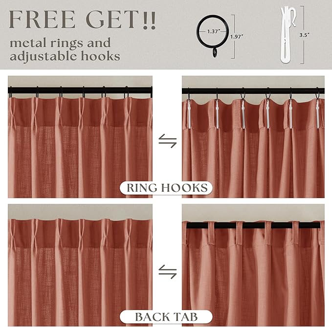 Farmhouse Terracotta Linen Curtains 102 Inches Long for Living Room Pinch Pleated Drape with Hooks Rings for Track System Light Filtering 102 Inch Curtain for Bedroom Sliding Patio Door 2 Panels
