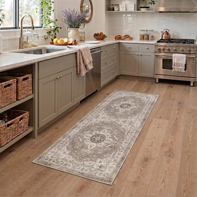 GENIMO Runner Rug for Hallways Machine Washable, 2x10 Non Slip Boho Vintage Lightweight Washable Runners, Thin Floor Rugs for Entryway Hallway Bathroom Laundry Room Corridor, Dark Brown