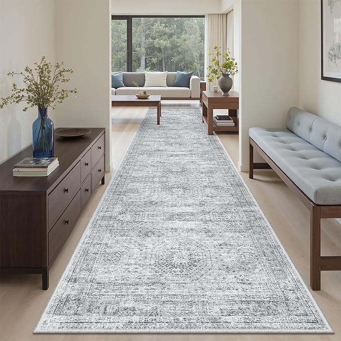 Soalmost Runner Rug 3x12 Washable Non-Slip Hallway Runner Rugs for Kitchen Bathroom Laundry Room Grey Vintage Floor Carpet Runners for Hallways Entryway