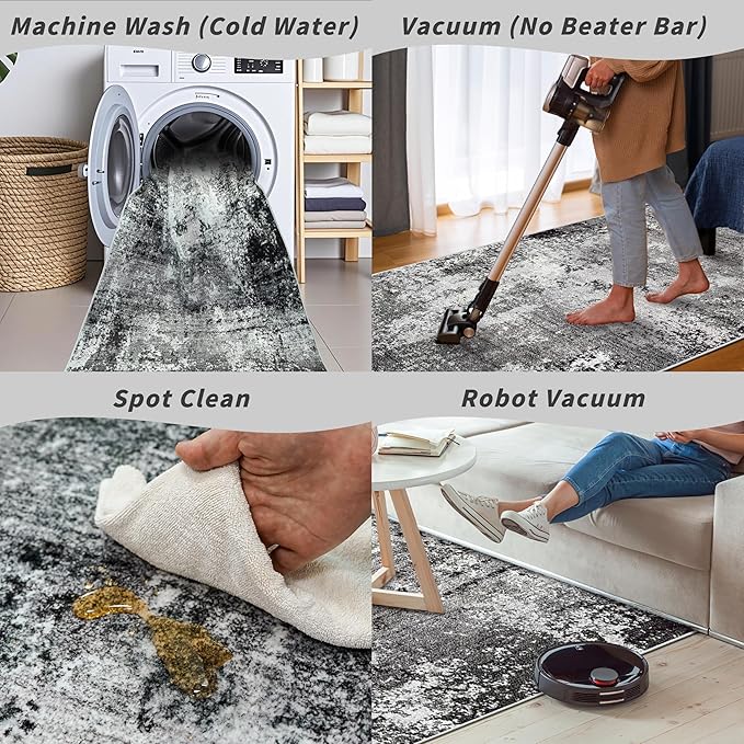 3x7 Kitchen Runner Rug – Washable Non-Slip Modern Abstract Neutral Carpet for Hallway, Entryway, Bedroom, Bathroom – Low-Pile Thin Stain-Resistant Wide Floor Runner (Black Grey,3x7)