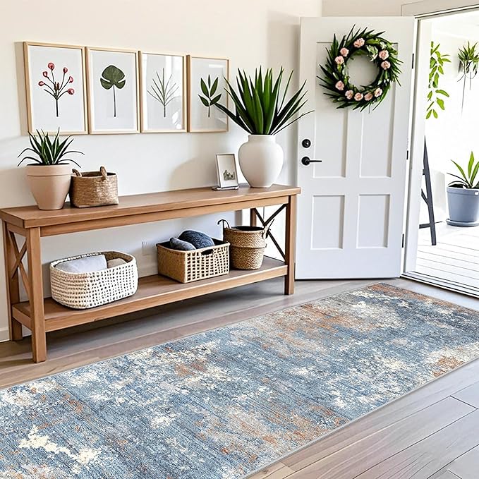 3x12 ft Long Hallway Runner Rug – Non-Slip Washable Carpet Runners for Kitchen Entryway Bathroom Modern Abstract Neutral Low-Pile Thin Stain-Resistant (Blue Rust,3x12)