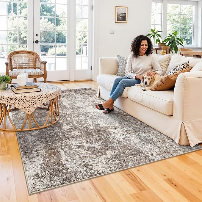 5x7 Washable Living Room Rug – Modern Neutral Abstract Area Rug for Bedroom, Dining Room, Kitchen & Home Office – Low Pile Thin Non-Slip Indoor Carpet (Brown Beige,5x7)