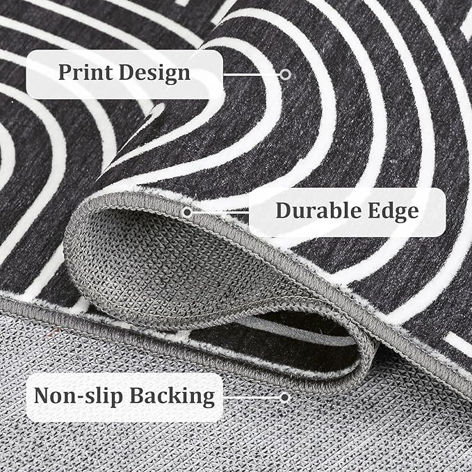 ROYHOME Washable Rug 4x6 Area Rugs for Living Room, Abstract Rug for Bedroom, Soft Rainbow Non Slip Throw Rugs with Rubber Back, Low Pile Stain Resistant Boho Geometric Carpet for Dining Room, Black