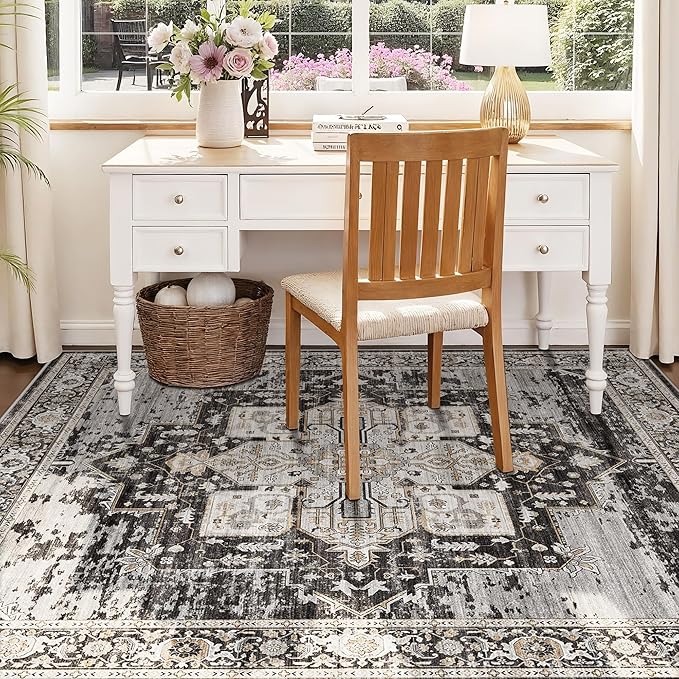 RUUGME Washable 5 x 5 Square Rug- Area Rugs for Living Room Stain Resistant Carpet Soft Rugs for Married Woman in Bedroom Kitchen Dining Room with Non Slip Backing Home 5x5 Black