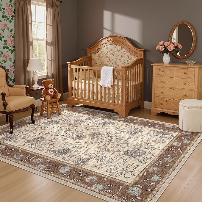 GarveeHome 4x6 Brown Washable Area Rug for Nursery Room, French Country Floral Bedroom Rug Non Slip Low Pile Carpet Stain Resistant Throw Rug for Bedside Kids Room Office Dining Room