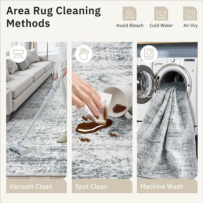 Soalmost 10x14 Area Rugs for Living Room, Non Slip Machine Washable Vintage Rugs, Low Pile Lightweight Large Rug for Bedroom, Dining Room, Home Office Grey
