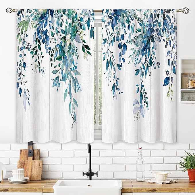 Farmhouse Teal Eucalyptus Small Kitchen Curtains Blue Leaves Window Treatment Turquoise Wooden Cafe Short Curtains for Bathroom Dining Laundry Room Botanical Tier Treatment Drapes 26x36 inch