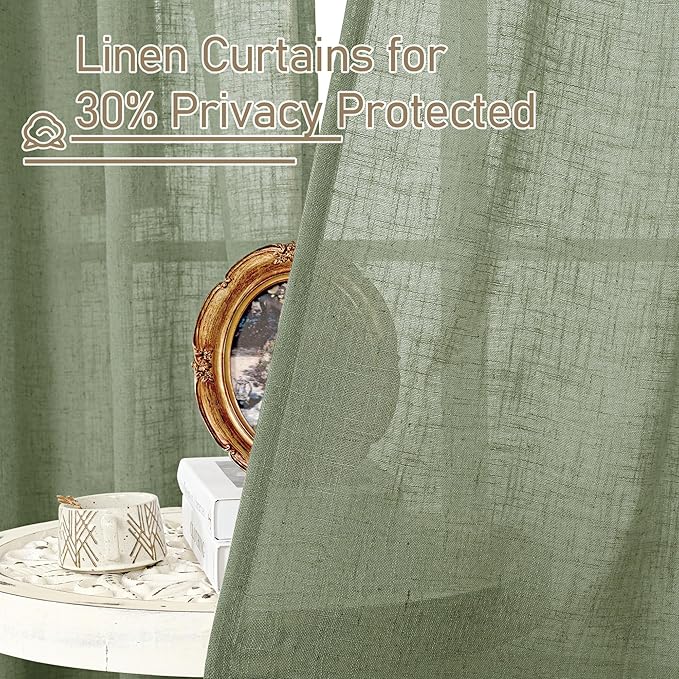 LAMIT Semi Sheer Linen Curtains 45 Inches Long 2 Panels, Sage Green Light Filtering Panels Back Tab and Rod Pocket Neutral Drapes for Kitchen/Window/Bedroom, 52 x 45 Inch