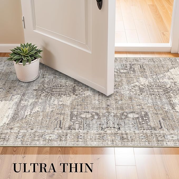 3x7 Runner Rug for Hallway Kitchen - Washable Ultra-Thin Soft Carpet for Entryway,Laundry Room,Bedroom - Vintage Non Slip Stain Resistant - Low Pile Oriental Home Decor 3x7 Beige