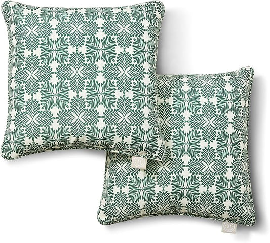 Martha Stewart Tulum Indoor Outdoor Decorative Pillow 2-Pack Set, UV Fade Resistant, Water Repellent, Printed Modern Design, Green, 18"x18"