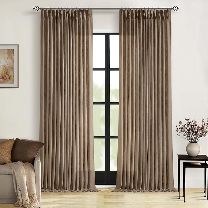 TWODRAPES Dutch Cocoa 90 Inch Linen Curtains Pinch Pleated Living Room Bedroom Dining Boho Brown Light Filtering Pinch Pleat Drapes Hooks Rings Back Tab Semi Sheer Dark Brown Window Curtains 2 Panels