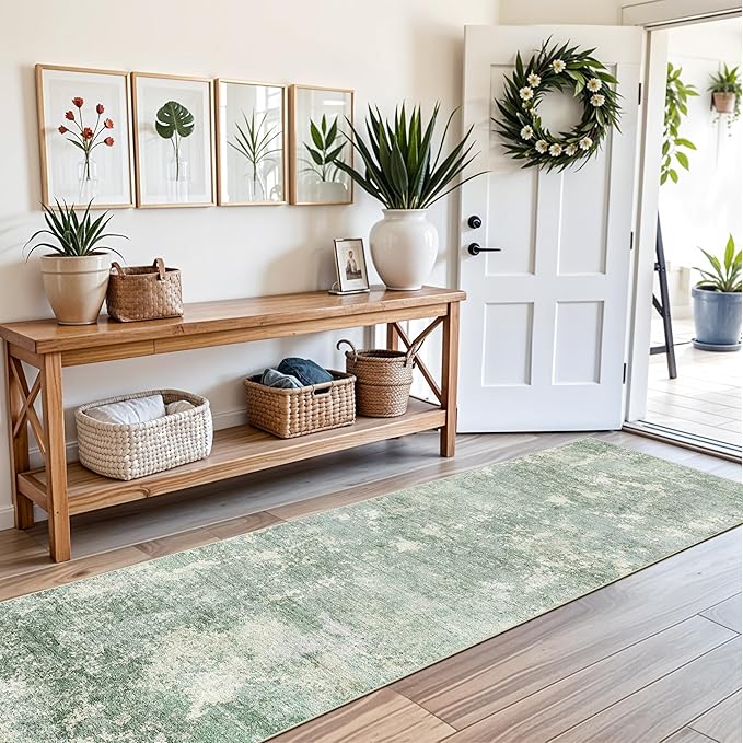 3x12 ft Non Skid Hallway Runner Rug - Kitchen Runner Rug with Rubber Backing Low Pile Thin Carpet Runners for Kitchen Entryway Bathroom,Modern Abstract Neutral（Sage Green,3x12）