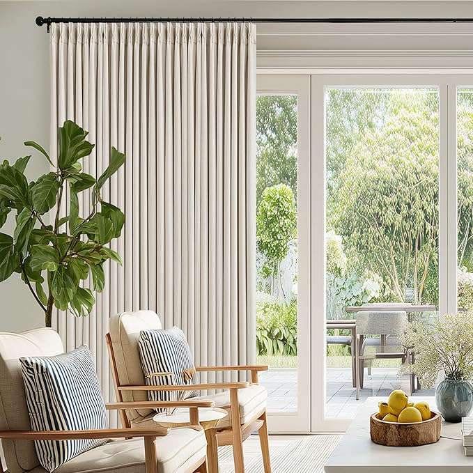 Pinch Pleated Blackout 102 Inch Curtains 70 Inch Wide Linen Dual Layer Soundproof Farmhouse Bedroom Window Curtains for Living Room Cream Natural Hooks Rings Back Tab 100% Black Out Drapes 1 Panel