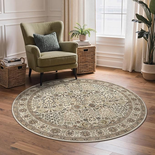 Bavni Round Rug 5ft-Machine Washable Area Rugs Non-Slip for Bedroom, 5x5 Vintage Floral Rug Distressed Throw Carpet for Living Room Nursery Kitchen Bathroom, Dark Espresso