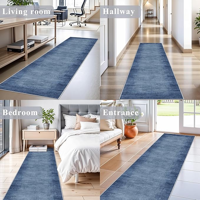 2x8 Washable Hallway Runner Rug – Non-Slip Modern Abstract Neutral Low-Pile Stain-Resistant Carpet Runner for Kitchen Entryway Bedroom Bathroom (Navy Blue,2x8)