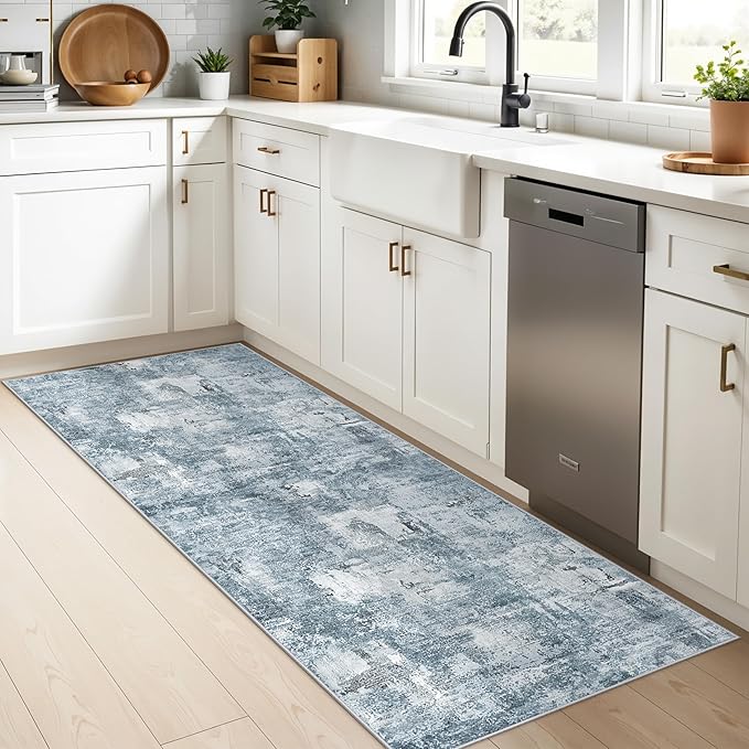 2x6 Washable Non-Slip Hallway Runner Rug – Modern Abstract Soft Carpet Runner for Kitchen, Bedroom with Rubber Backing – Low-Pile Thin Stain-Resistant Rug for Laundry Room, Entryway (Blue Grey)