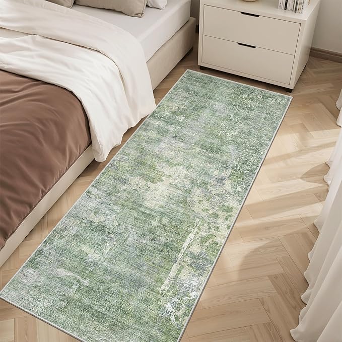 Soalmost Runner Rug 2x6 Washable Non-Slip Kitchen Runner Rugs for Bathroom Laundry Room Green/Ivory Vintage Floor Carpet Runners for Hallway Entryway