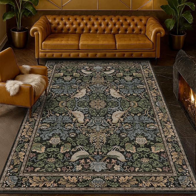 Hazo Haus Vintage Floral Area Rug 5x7 for Living Room - Dark Green Forest Bird Rugs for Bedroom, Dining Room, Office, Non Slip Stain Resistant Low Pile