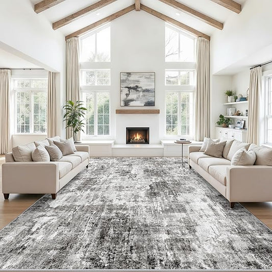 10x14 Area Rug Living Room – Washable Large Neutral Modern Abstract Soft Low Pile Non-Slip Thin Carpet for Bedroom, Dining Room, Home Office (Grey)