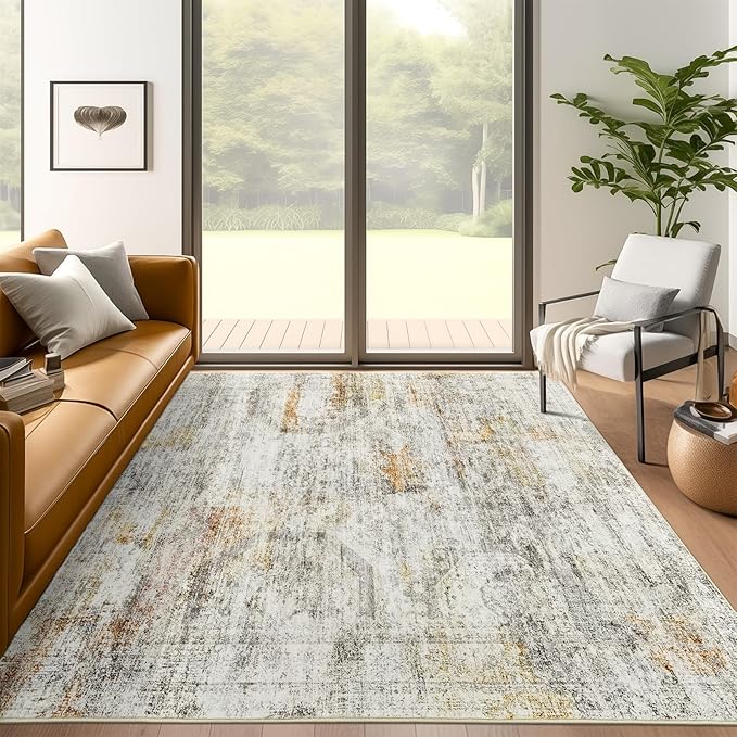 Soalmost 5x7 Area Rugs Gray Rust Low Pile Indoor Washable Trendy Faded Style Rugs for Bedroom Living Room Dining Room Foldable Non-Slip Thin Print Mat
