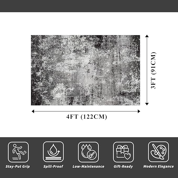 3x4 Washable Entryway Rug – Non-Slip Modern Abstract Small Area Rug for Kitchen, Bedroom, Bathroom – Soft Low-Pile Thin Indoor Door Mat（Black Grey, 3x4）