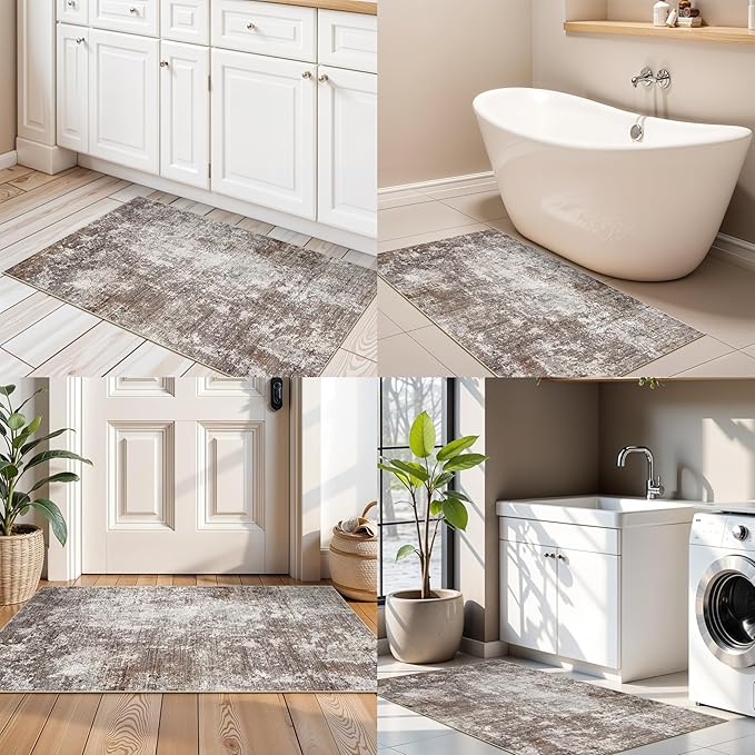 2x4 Washable Non-Slip Runner Rug – Small Throw Rug for Kitchen Floor, Bedroom, Entryway, Bathroom, Bedside – Modern Abstract Neutral Low-Pile Thin Indoor Door Mat (Brown Beige,2x4)