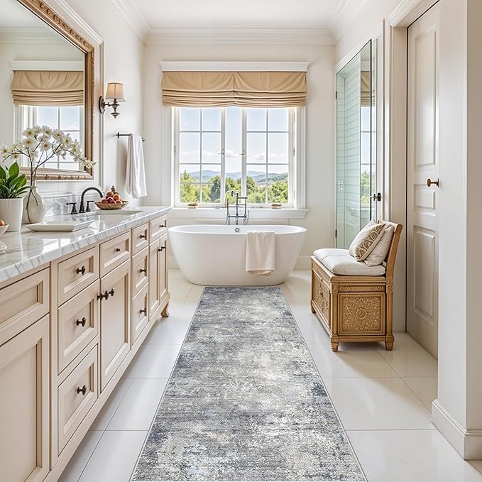 3x7 Kitchen Runner Rug – Washable Non-Slip Modern Abstract Neutral Carpet for Hallway, Entryway, Bedroom, Bathroom – Low-Pile Thin Stain-Resistant Wide Floor Runner (Blue Grey,3x7)