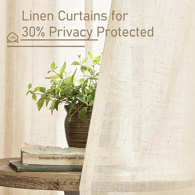 LAMIT Short Window Linen Curtains 45 Inch Length 2 Panels, Beige Light Filtering Panels Back Tab and Rod Pocket Neutral Drapes for Bathroom/Loft Room, 34 x 45 Inch