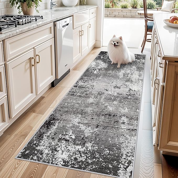 3x7 Kitchen Runner Rug – Washable Non-Slip Modern Abstract Neutral Carpet for Hallway, Entryway, Bedroom, Bathroom – Low-Pile Thin Stain-Resistant Wide Floor Runner (Black Grey,3x7)
