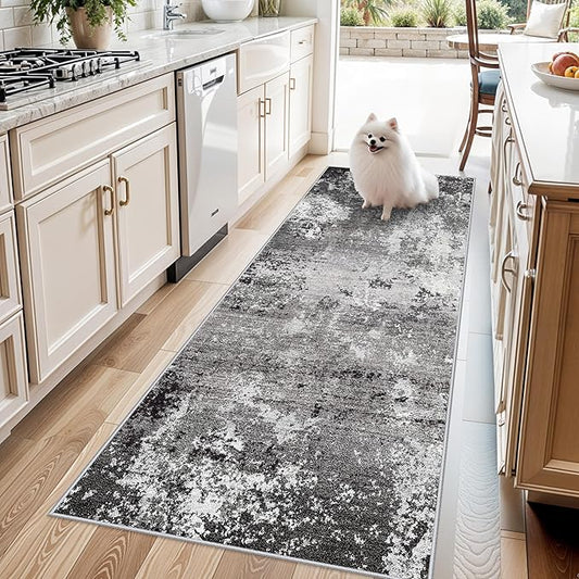 3x7 Kitchen Runner Rug – Washable Non-Slip Modern Abstract Neutral Carpet for Hallway, Entryway, Bedroom, Bathroom – Low-Pile Thin Stain-Resistant Wide Floor Runner (Black Grey,3x7)