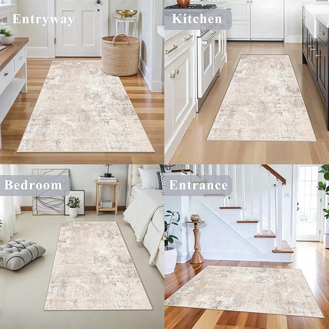 3x5 Washable Entryway Rug – Non-Slip Rubber Backed Small Area Rug for Kitchen, Bedroom, Living Room, Office – Soft Low-Pile Thin Modern Abstract Neutral Throw Rug (Beige Grey, 3x5)