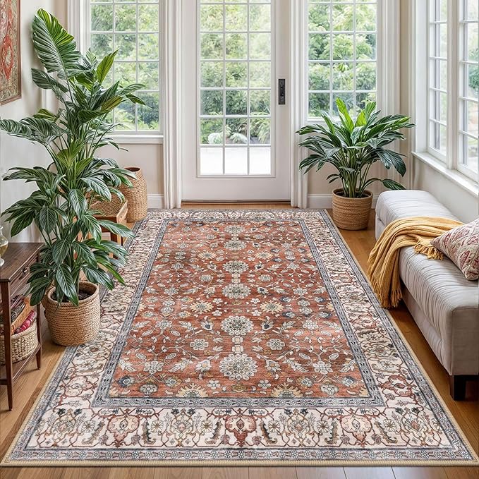 KUTA Vintage Area Rug 4x6 Washable Rug Traditional Floor Cover Foldable Red Clay Ultra Thin Soft Retro Accent Indoor Distressed Non Slip Carpet Floral Print Mat Bedroom Living Room Dorm Office