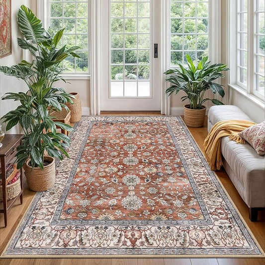 KUTA Vintage Area Rug 4x6 Washable Rug Traditional Floor Cover Foldable Red Clay Ultra Thin Soft Retro Accent Indoor Distressed Non Slip Carpet Floral Print Mat Bedroom Living Room Dorm Office