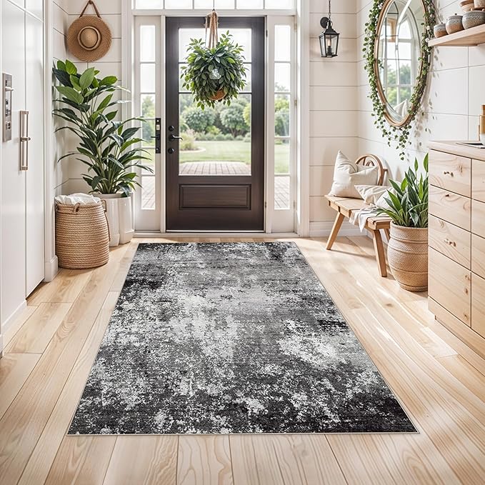 4x5 Washable Entryway Rug – Non-Slip Low Pile Throw Area Rug for Bathroom Kitchen Living Room Bedroom – Modern Abstract Neutral Soft Indoor Small Carpet (Black Grey,4x5)