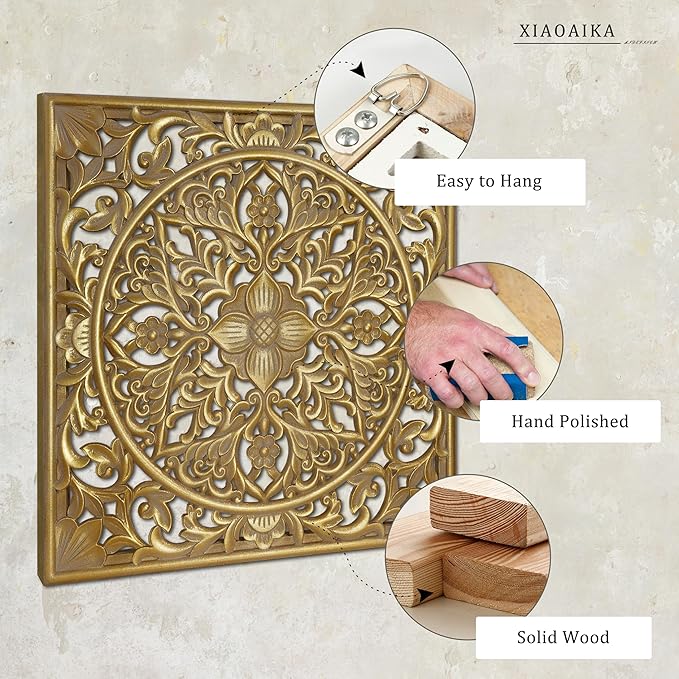 XIAOAIKA Boho Carved Wood Wall Sculpture, Intricate Floral Mandala Design with Distressed Gold Finish, Vintage Farmhouse Wall Art Panel with Solid Wood Frame for Bedroom Entryway (22" x 22")