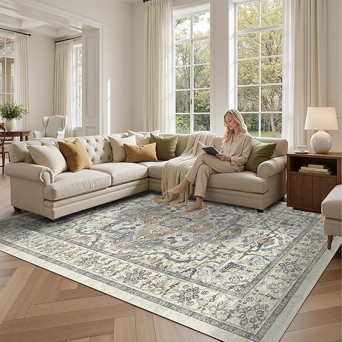 Beige 8x10 Washable Large Area Rug, Non-Slip Soft Ultra-Thin Polyester Carpet with Vintage Vintage Stain Large Rug for Living Room, Bedroom, Dining Room & Open-Concept Spaces Oeko-TEX - Beige/Blue