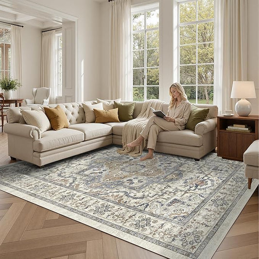 Beige 8x10 Washable Large Area Rug, Non-Slip Soft Ultra-Thin Polyester Carpet with Vintage Vintage Stain Large Rug for Living Room, Bedroom, Dining Room & Open-Concept Spaces Oeko-TEX - Beige/Blue